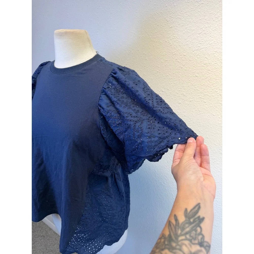 NWT Pomander Place Navy Blue Puff Sleeve Eyelet Lace Blouse Womens XS Old Money